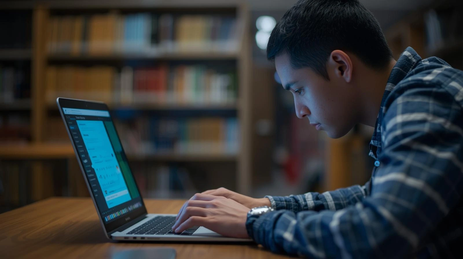 Cinematic shot of a student deeply focused on a modern laptop screen taking a practice test in a library, screen glowing with blue and green interface, depth of field background