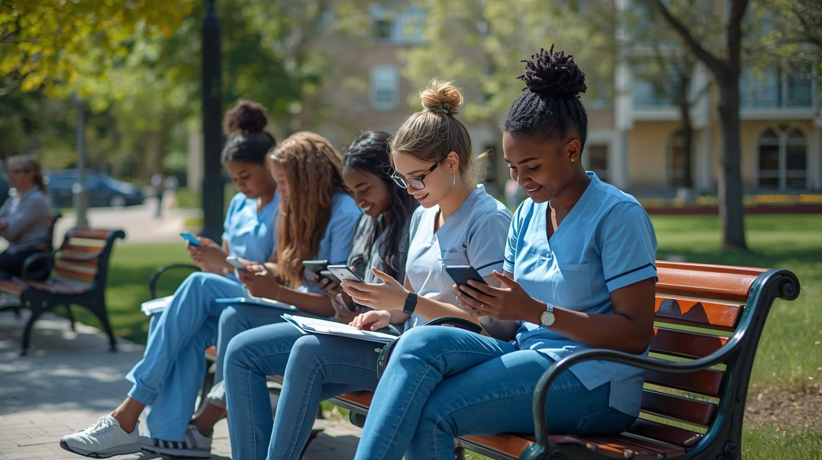 Lifestyle photo of a young professional using a smartphone to study while sitting on a park bench on a sunny day, showcasing the ability to study anywhere