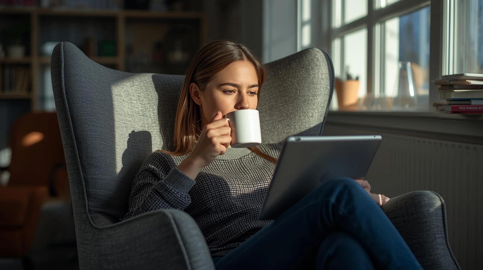 A relaxed student sitting in a comfortable modern armchair holding a tablet, smiling and drinking coffee, sunlight streaming in, representing stress-free self-paced study
